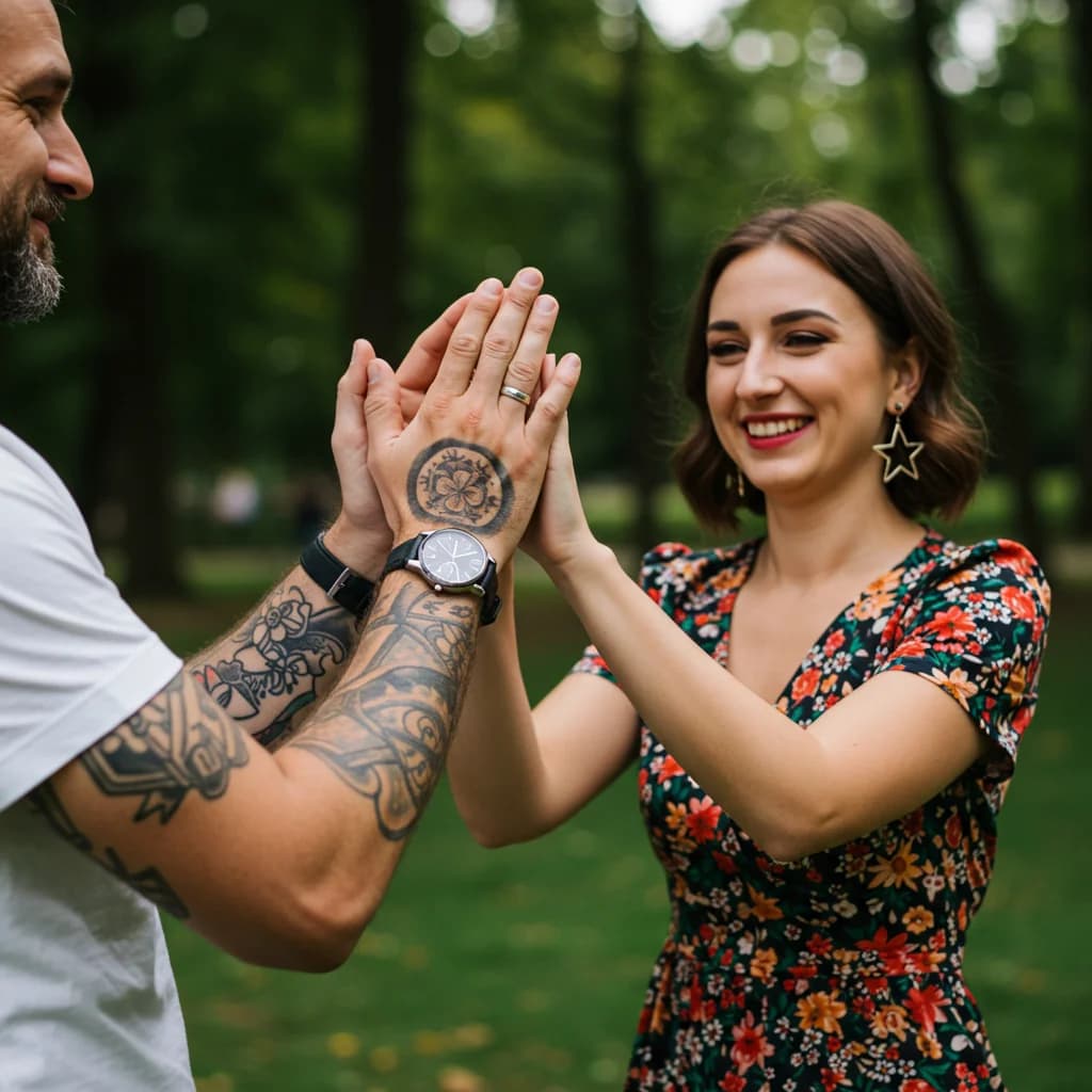 A man in his thirties with a sleeve of tattoo clapsing hands at a park with a lady in her twenties wearing a floral dress. The man has a watch on his right hand . The lady has earrings shaped like stars.