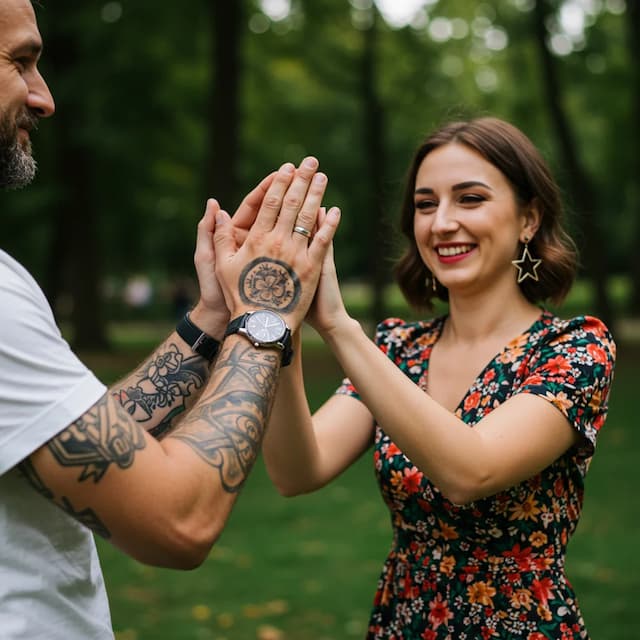 A man in his thirties with a sleeve of tattoo clapsing hands at a park with a lady in her twenties wearing a floral dress. The man has a watch on his right hand . The lady has earrings shaped like stars.