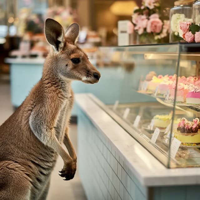 photo of a kangaroo in a colorful bakery looking at desserts in a display case with flowers and pastel colors