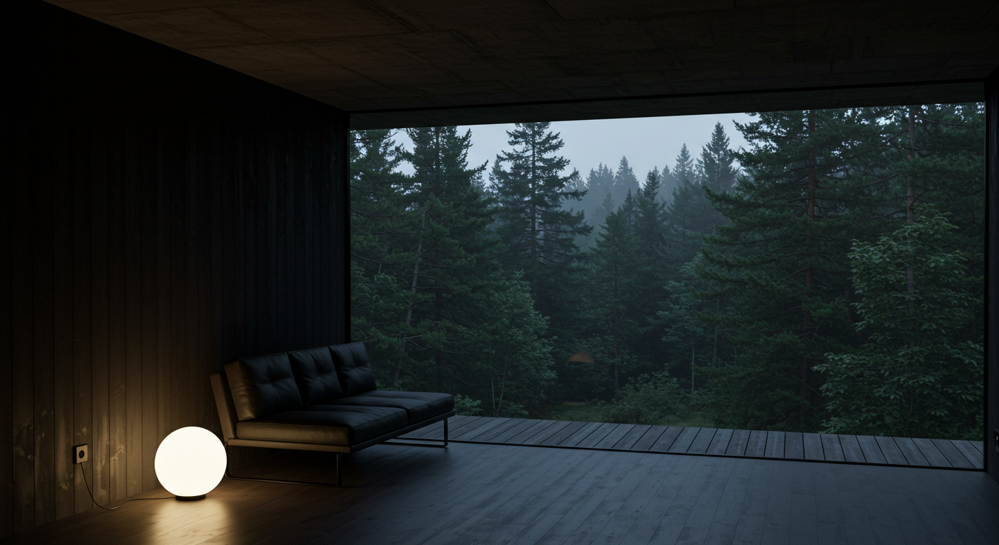  modern interior scene featuring a sleek black sofa against a dark wooden wall. A round white lamp is positioned on the floor beside the sofa.