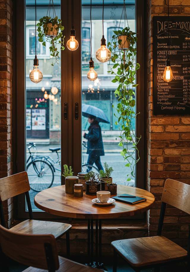 A cozy cafe interior, featuring a round wooden table with two wooden chairs in the foreground. A person, slightly blurred, is walking along the street outside the large windows, holding an umbrella.