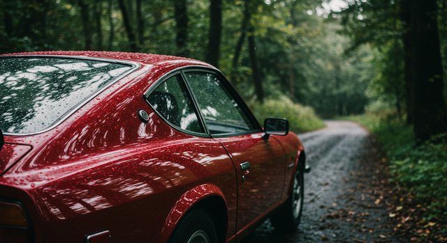 A red vintage car, positioned on the left side of the image, is parked on a rain-slicked dirt road winding through a lush forest. 
