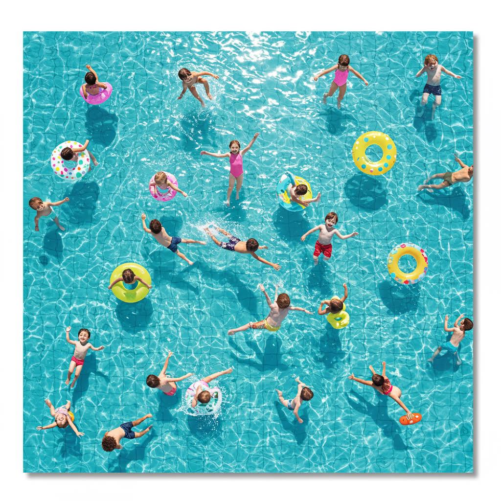 a huge swimming pool with many children swimming there, the water is clear to see the pool floor