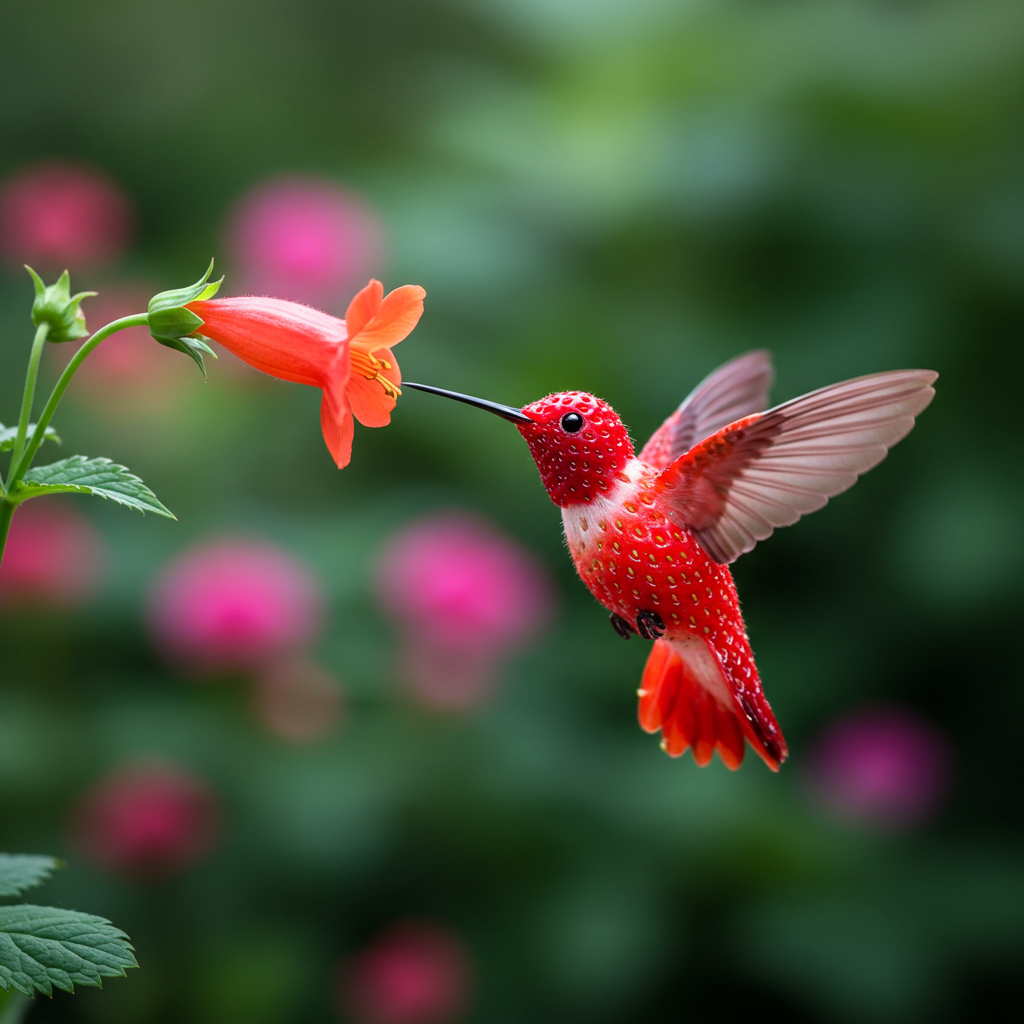 A close-up, macro photography stock photo of a strawberry intricately sculpted into the shape of a hummingbird in mid-flight, its wings a blur as it sips nectar from a vibrant, tubular flower. The backdrop features a lush, colorful garden with a soft, bokeh effect, creating a dreamlike atmosphere. The image is exceptionally detailed and captured with a shallow depth of field, ensuring a razor-sharp focus on the strawberry-hummingbird and gentle fading of the background. The high resolution, professional photographers style, and soft lighting illuminate the scene in a very detailed manner, professional color grading amplifies the vibrant colors and creates an image with exceptional clarity. The depth of field makes the hummingbird and flower stand out starkly against the bokeh background.
