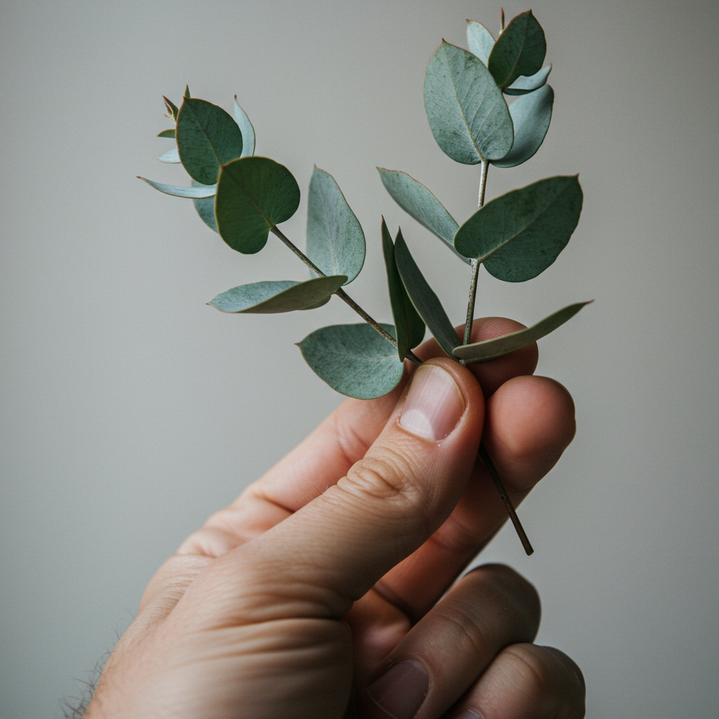 A view of a person's hand holding a eucalyptus sprig - a macro DSLR image highlighting the balance of human and nature