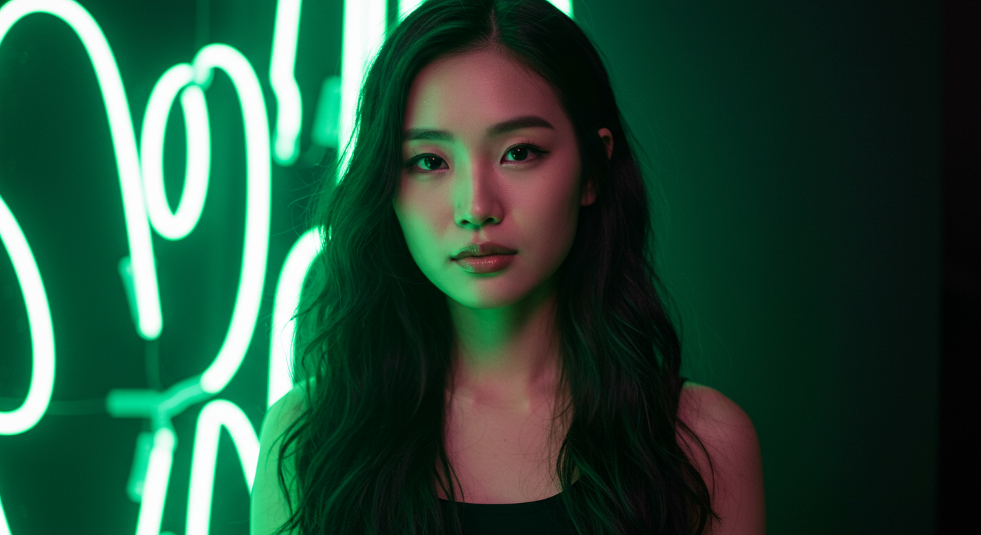 A portrait of an Asian woman with neon green lights in the background, shallow depth of field.